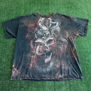 Vintage Dragon Skull AOP Bleach Faded Black T-Shirt Mens 2XL Jesse Pinkman Y2K